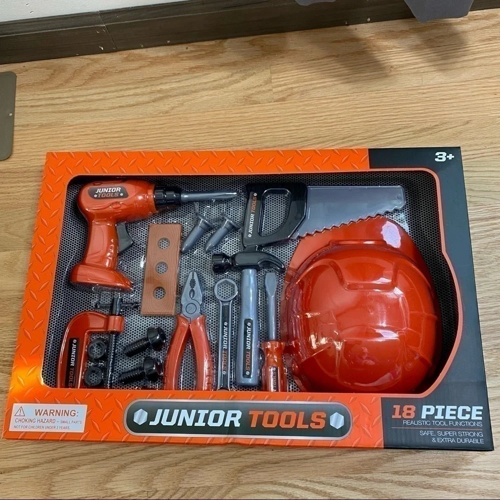 Junior Tool Play Set NEW 18 Piece Realistic Hard Hat Screwdriver Wrench Saw
